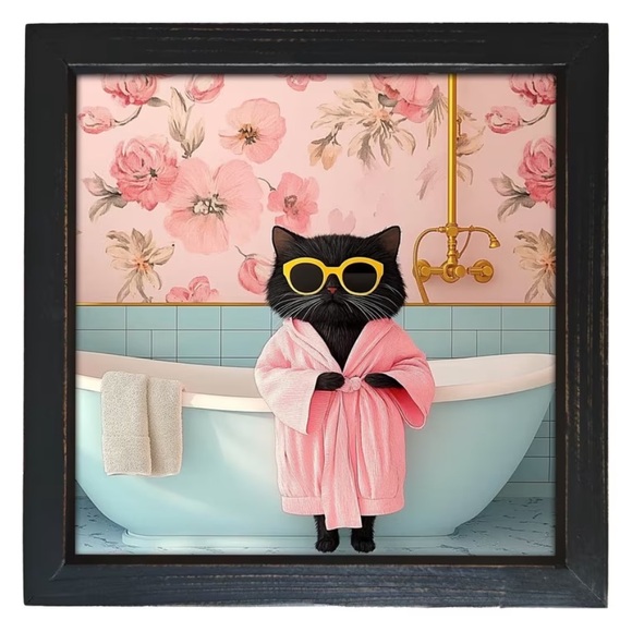 Framed Wooden Black Cat Art in Pink Robe with Bathtub Wall Decor 8x8” NWT - Picture 2 of 7